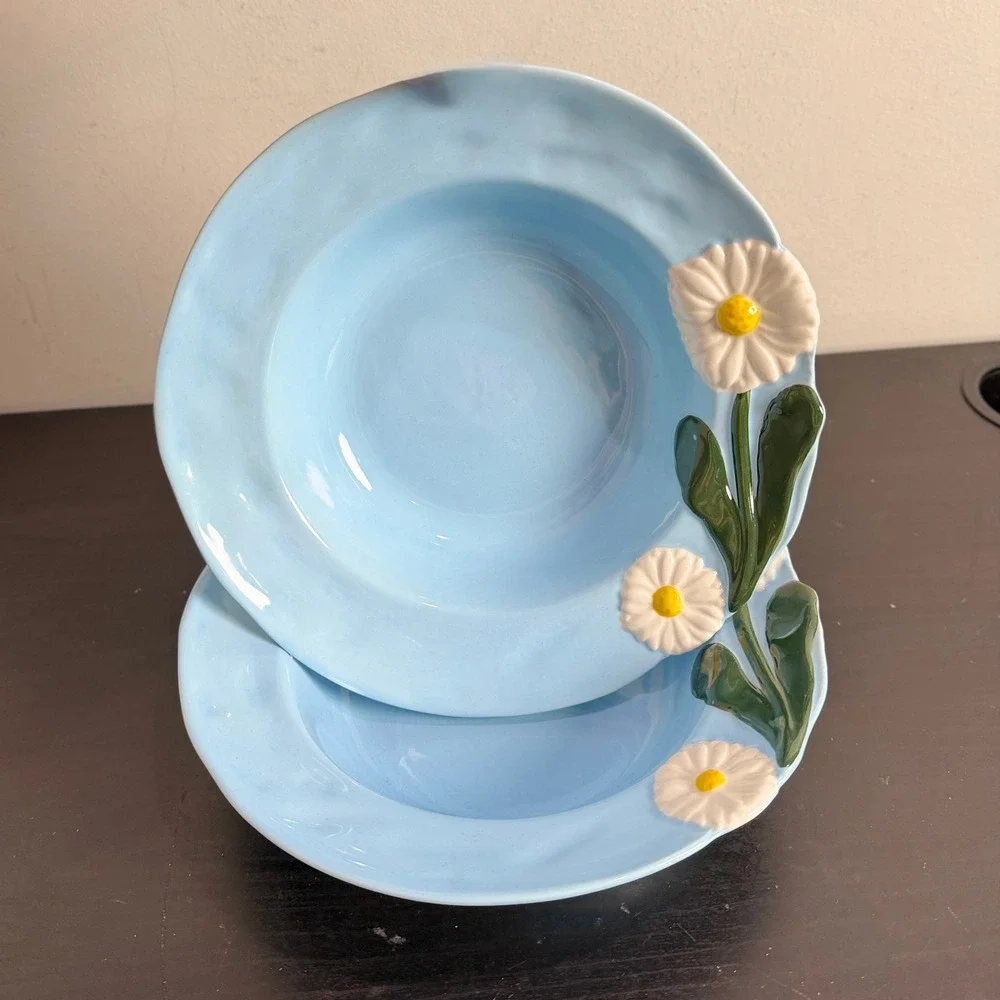 Anthropologie Blue Foster Daisy Ceramic Pasta Bowls Set of 2 Floral Boho 9in